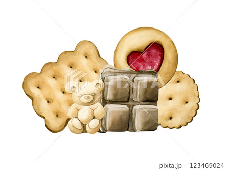 Cute chocolate and cookies. Watercolor hand painted isolated sweet food illustration for confectionery bakery design, birthday party, kids clothes fabric, kitchen table textile, logo, label, card Cute chocolate and cookies. Watercolor hand painted isolated sweet food illustration for confectionery bakery design, birthday party, kids clothes fabric, kitchen table textile, logo, label, card 123469024