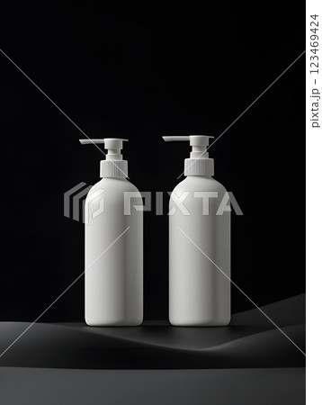 white cosmetic bottles on dark background. front view. package for product design, mockup 123469424