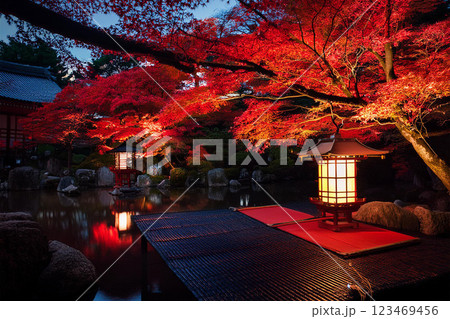 【AI生成画像】京都庭園夜景 ライトアップで広がる秋模様 【AI生成画像】京都庭園夜景 ライトアップで広がる秋模様 123469456