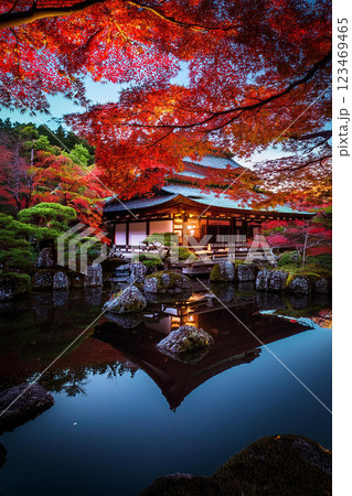 【AI生成画像】京都庭園夜景　ライトアップで広がる秋模様 123469465