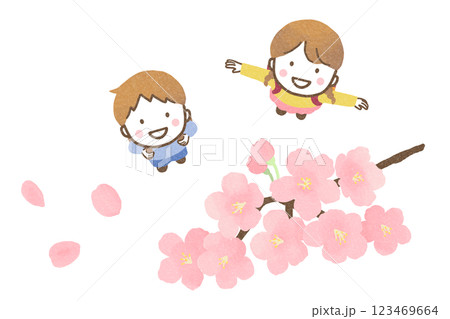 桜を見上げる小学生の子どもたち 123469664