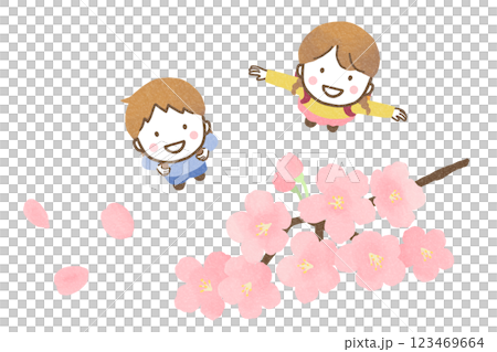 桜を見上げる小学生の子どもたち 123469664