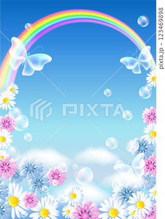 Rainbow with butterflies, bubbles and meadow flowers in the clouds sky. Summer background. Environmental concept. 123469898