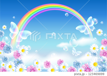Rainbow with butterflies, bubbles and meadow flowers in the clouds sky. Summer background. Environmental concept. 123469899