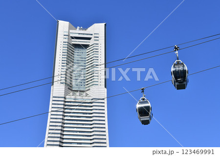 日本の横浜都市景観 輝く時代へ…横浜ランドマークタワーや太陽光を反射する横浜エアキャビン。希望の光 123469991