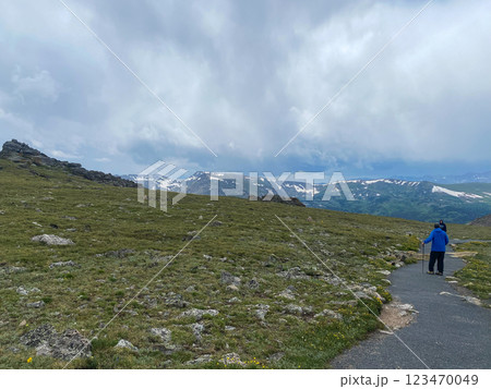 Scenic Mountain Trail With Hiker Enjoying Stunning Views on a Cloudy Day in Rocky Mountain National Park Scenic Mountain Trail With Hiker Enjoying Stunning Views on a Cloudy Day in Rocky Mountain National Park 123470049