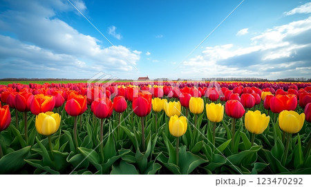 広い空に向かって咲くチューリップの畑 123470292