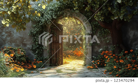 古いヨーロッパ風の庭園のある屋敷の門 古いヨーロッパ風の庭園のある屋敷の門 123470294