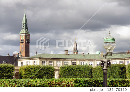 City towers in central Copenhagen against the rainy cloudy sky. 123470530