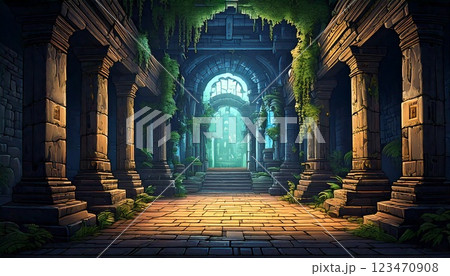 レトロゲーム風の自然のピクセルアート背景(古代の神殿) Generative AI レトロゲーム風の自然のピクセルアート背景(古代の神殿) Generative AI 123470908