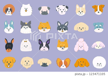 ゆるかわいい人気の愛玩犬の顔のイラストセット　ポップカラー 123471105