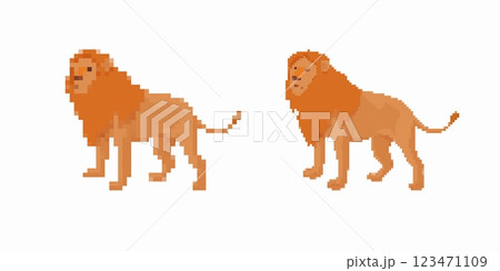 Pixel art lions showcasing classic style with detailed orange manes and sturdy bodies 123471109
