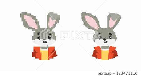 Pixel art cute gray bunny with orange jacket, two expressions, simple design, digital graphic 123471110