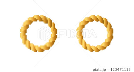 Two pixelated golden rings with distinctive twisted rope design and textured appearance 123471115