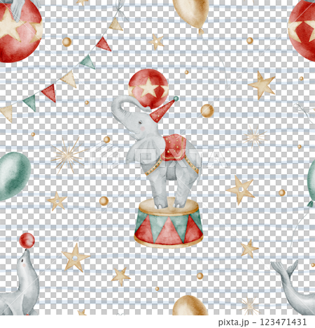 Watercolor seamless pattern with Circus elephant and seal with by stars and balloons on striped background. Childish backdrop for nursery wallpaper or baby textile. Carnival backdrop for kids design. 123471431
