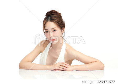 Beautiful young asian woman with clean fresh skin on white background, Face care, Facial treatment, Cosmetology, beauty and spa, Asian women portrait. Beautiful young asian woman with clean fresh skin on white background, Face care, Facial treatment, Cosmetology, beauty and spa, Asian women portrait. 123471577