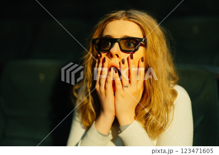 Woman shows intense surprise while wearing 3D glasses in a dark theater Woman shows intense surprise while wearing 3D glasses in a dark theater 123471605