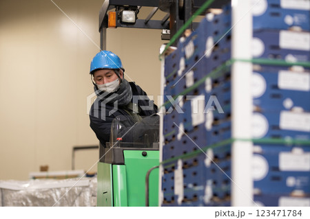 冷蔵倉庫でフォークリフトに乗る男性 冷蔵倉庫でフォークリフトに乗る男性 123471784