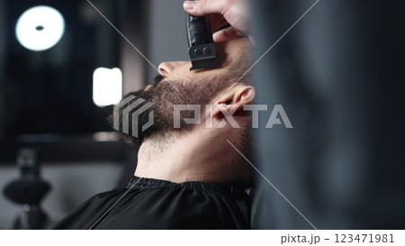 Professional barber trimming client's beard with electric razor, delivering precise styling within contemporary grooming salon setting Professional barber trimming client's beard with electric razor, delivering precise styling within contemporary grooming salon setting 123471981