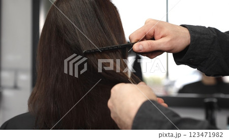 Professional hairdresser carefully combing sleek brown hair, working precisely within bright modern salon setting, preparing for transformative styling session Professional hairdresser carefully combing sleek brown hair, working precisely within bright modern salon setting, preparing for transformative styling session 123471982