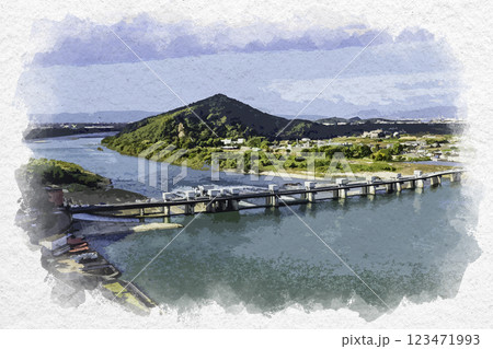水彩画風 犬山城から木曽川とライン大橋と伊木山方面を望む 愛知県犬山市 水彩画風 犬山城から木曽川とライン大橋と伊木山方面を望む 愛知県犬山市 123471993