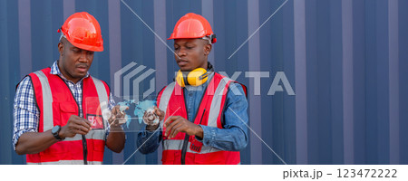 Foreman or worker work at Container cargo site check up goods in container. 123472222