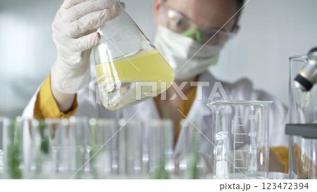Woman scientist researcher wearing white protective gloves is shaking up a yellow chemical solution inside an Erlenmeyer flask in a laboratory setting, portrait view. Science and medicine Woman scientist researcher wearing white protective gloves is shaking up a yellow chemical solution inside an Erlenmeyer flask in a laboratory setting, portrait view. Science and medicine 123472394