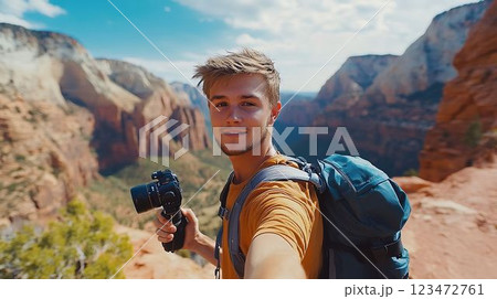 屋外ロケをするアウトドア系YouTuber 123472761