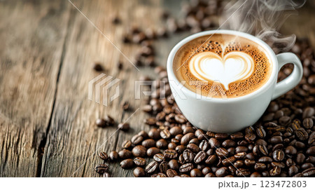 Hot cappuccino in a white cup with heart-shaped latte art, surrounded by roasted coffee beans on a rustic wooden table, creating a warm and cozy coffeehouse atmosphere. 123472803