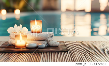 Spa towels with glowing candles, white orchids, and smooth stones arranged on a bamboo mat near a swimming pool, creating a serene and luxurious relaxation atmosphere. 123472887