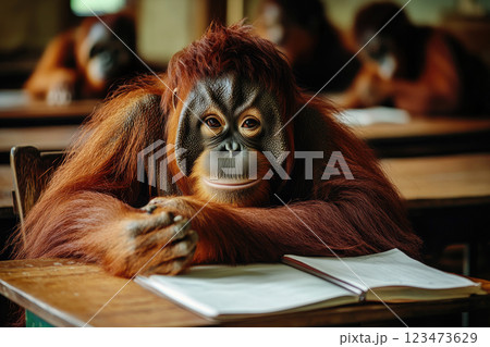 An orangutan in a school. Cute animals learning in a classroom. 123473629