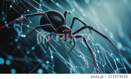 Black widow spider build web on blurry digital technology background. Concept of virus and malware. 123473630