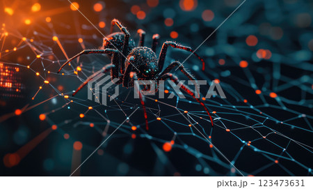 Black widow spider build web on blurry digital technology background. 123473631