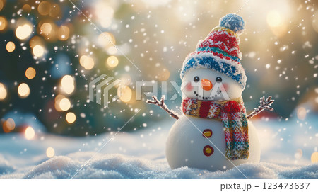 Christmas winter background with a cute snowman standing in a snow. 123473637