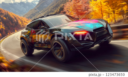 Futuristic SUV vehicle painted in a metallic color driving down autumn mountain road. Futuristic SUV vehicle painted in a metallic color driving down autumn mountain road. 123473650