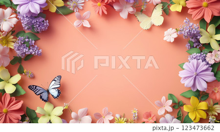 Summer floral frame with colored flowers, green leaves and flying butterflies on a color background. Copy space. 123473662
