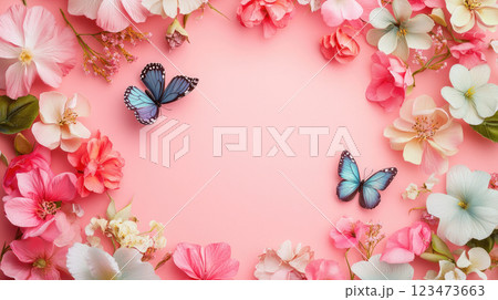 Summer floral frame with colored flowers, green leaves and flying butterflies on a pink background. 123473663
