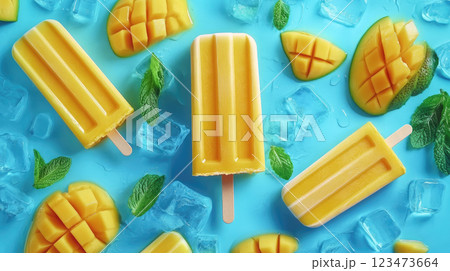 Yellow mango ice-cream on a stick. Flat lay composition. 123473664