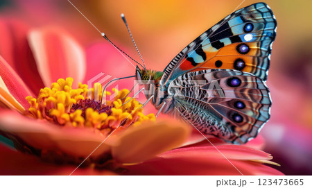 Beautiful butterfly sitting on a flowers against gentle magical summer background. 123473665