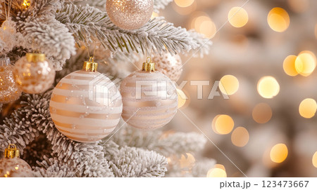 Christmas and New Year festive background with frosty Christmas tree and decorations. 123473667