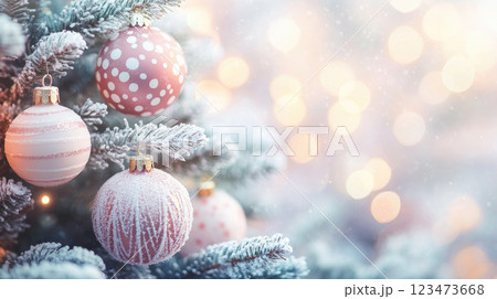 Christmas and New Year festive background with frosty Christmas tree and pastel color baubles. 123473668