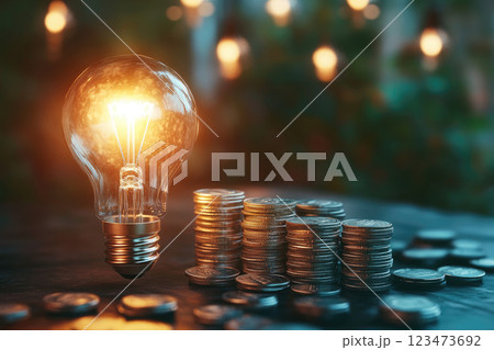 A glowing light bulb placed next to stacks of coins. A glowing light bulb placed next to stacks of coins. 123473692