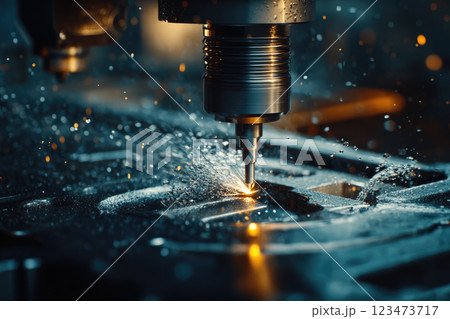 CNC milling machine during operation. Produced milling parts with a supply of cooling lubricants. CNC milling machine during operation. Produced milling parts with a supply of cooling lubricants. 123473717