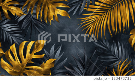 A beautiful background with gold and black tropical leaves. Copy space. 123473733