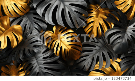 A beautiful background with gold and black tropical leaves. 123473734