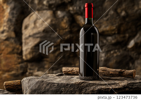 A wine bottle is placed on a rocky background 123473736
