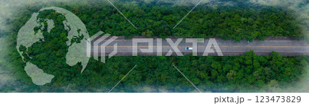 Forest road with Layout of earth planet on through forest. Forest road with Layout of earth planet on through forest. 123473829