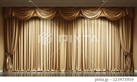 Empty theater stage with golden curtains. 123473959