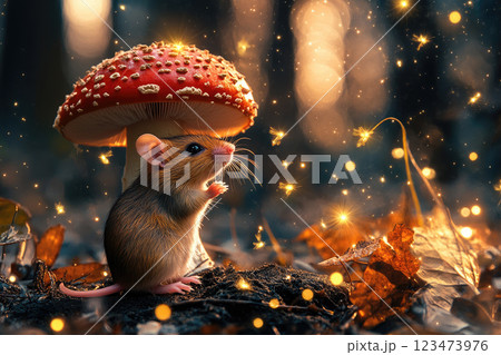 A cute mouse in the magic woods with a glowing fireflies and mushrooms. 123473976