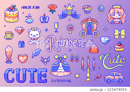 Cute Pixel Princess Pixel Art Sticker Set with Royal Accessories and Pastel Aesthetic 123474054